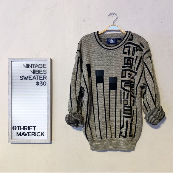 Vintage Sweaters - Tan & Black Abstract Pattern Sweater | Vintage